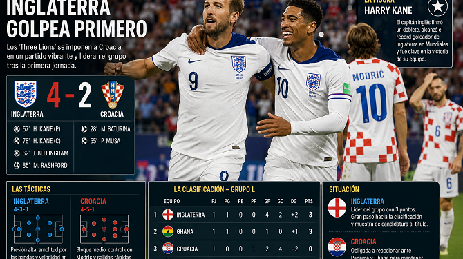 Inglaterra golpea primero y deja tocada a Croacia en el Grupo L